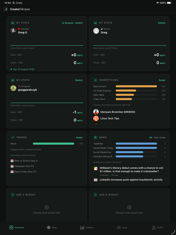 CreatorGlimpse dashboard screen