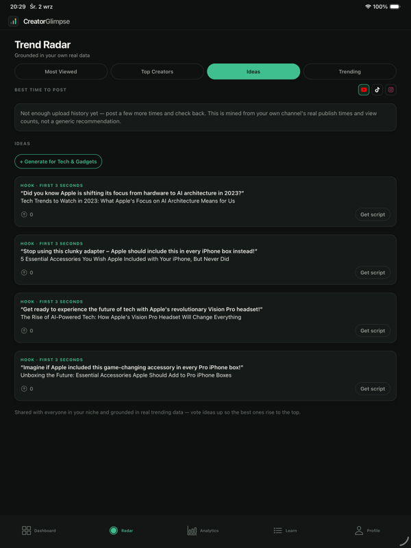 AI-generated content ideas screen